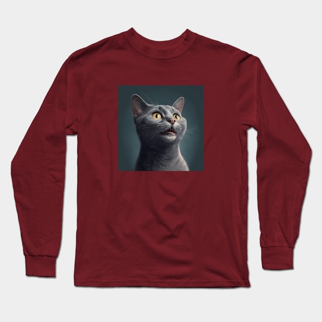 Illustration of handsome grey haired cat looking to the side Long Sleeve T-Shirt by KOTYA